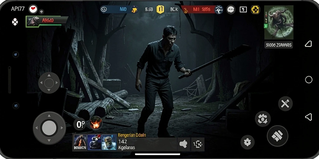 Screenshot menunjukkan suasana menakutkan dalam gameplay API77 yang intens.