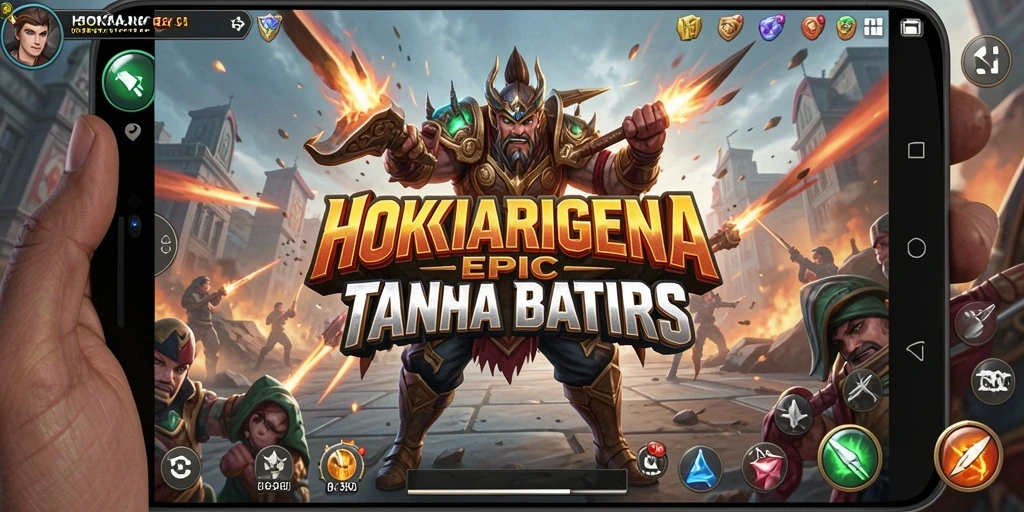 Gameplay HOKIARENA menunjukkan pertarungan seru antar karakter.