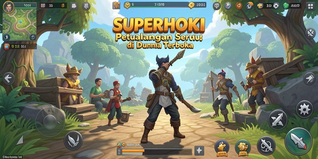 Tangkapan layar gameplay SUPERHOKI menampilkan petualangan di dunia terbuka yang luas.